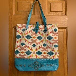 Bhrayna Canvas Aztec Pattern Tote Bag with Teal Trim
